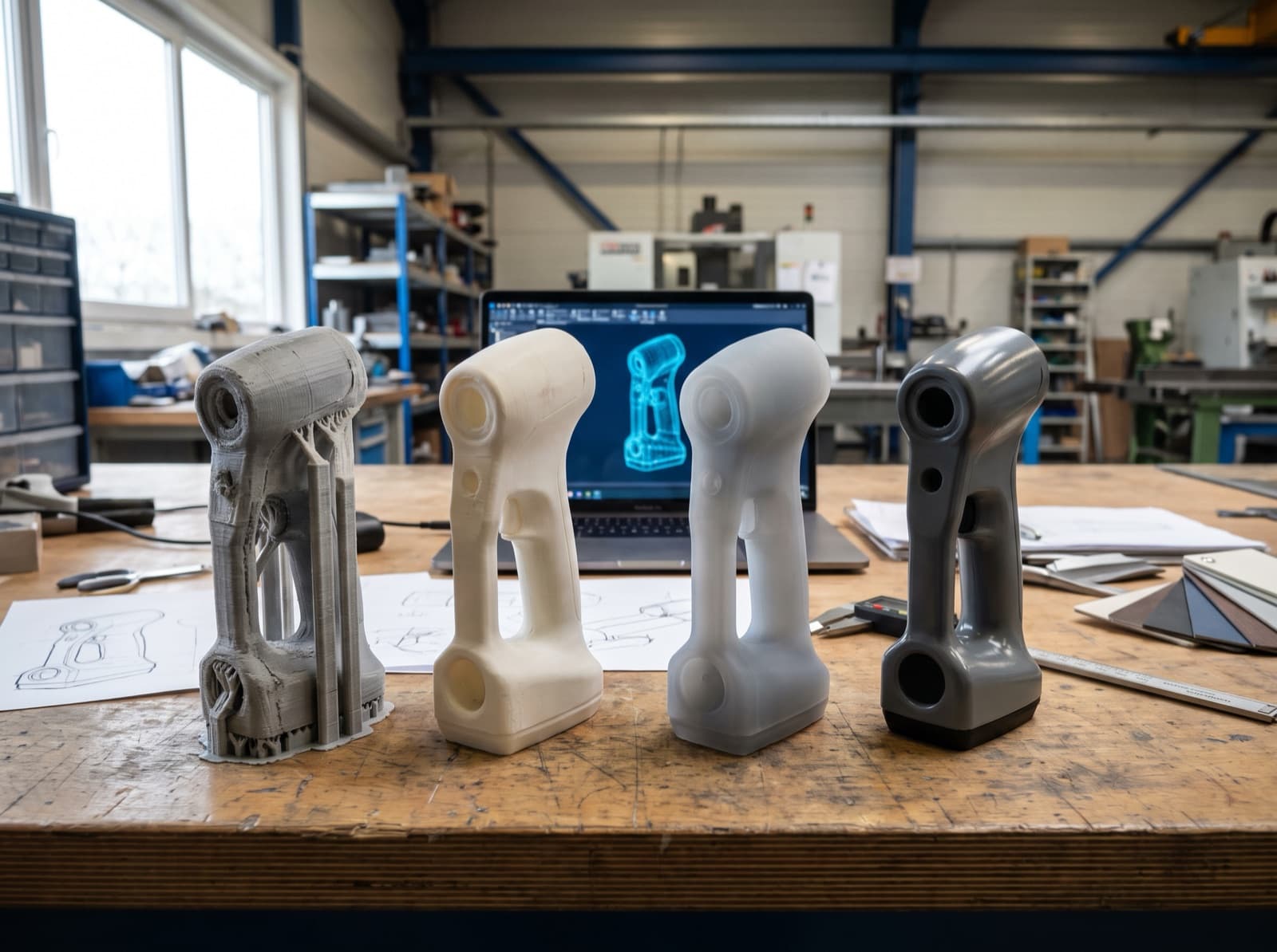 Kaba FDM baskıdan pürüzsüz SLA prototipe dört tasarım turu, arkada CAD ekranı