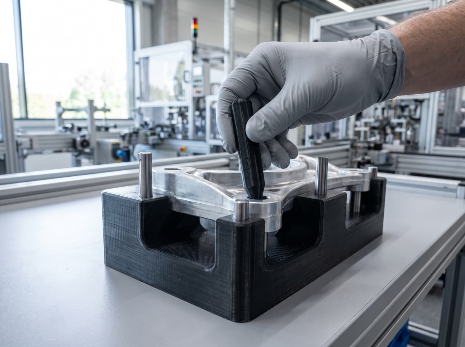 Siyah 3D baskı kontrol fikstüründe duran alüminyum braketin deliğine mastar takan eldivenli el